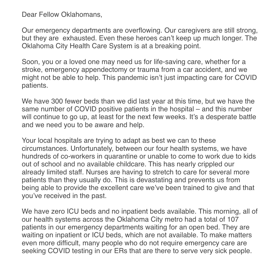 danabranham's tweet photo. The four major health systems in Oklahoma City — Integris, SSM Health, Mercy, OU Health — shared an open letter to Oklahomans last night about how the omicron wave is crushing them and asking for help.

"The Oklahoma City Health Care System is at a breaking point." https://t.co/NyI7JcytE9