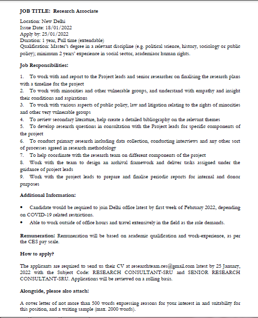 CEStudies's tweet photo. 📢 Centre for Equity Studies is hiring two Research Associates. Please find the details below. 

Interested candidates may apply by 25 January 2022. Details to be up on the CES website soon. https://t.co/rII0u4Nu1t