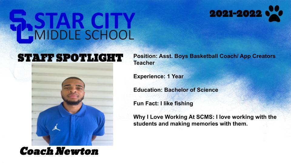 StarCitySchools's tweet photo. Congratulations Mr. Rashaun Newton! We are so glad you are part of our @scmiddleschool family. It is our honor to highlight you this week in our SCMS Staff Spotlight. #SCMSstrong #BeTheBest https://t.co/oXXPim4ZmY