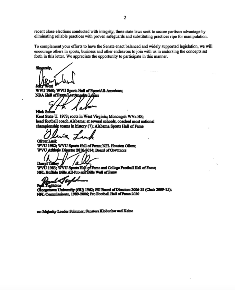 AnthonyAdragna's tweet photo. West Virginia sports legends, including Nick Saban, Jerry West and Paul Tagliabue, endorse Freedom to Vote Act. https://t.co/GNFg0AcA0m https://t.co/akvyDcdvL3