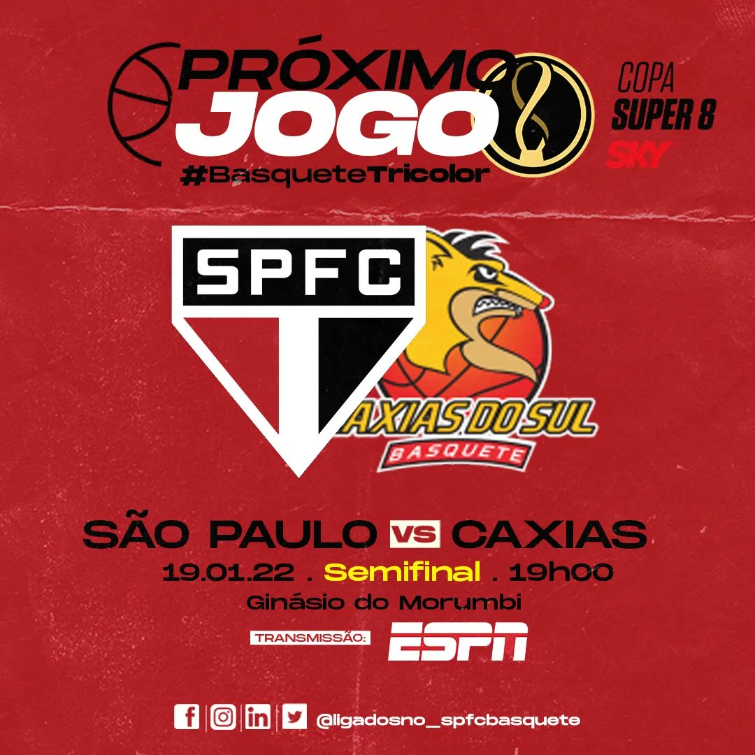 Valendo uma vaga na final da Copa Super 8 <a href="/skybrasil/">Sky Brasil</a> 2022, o São Paulo recebe o <a href="/CaxiasBasquete/">Caxias do Sul Basquete</a> , na noite desta quarta-feira (19/01), às 19 horas, no Ginásio do Morumbi. A partida conta com entrada gratuita pelo portão 13, na rua Dr. Erasmo Teixeira de Assunção, número 130.

(+)