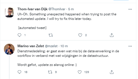 [start Twitter, ziet deze meldingen, sluit Twitter maar weer]

<a href="/mzelst/">Marino van Zelst - Ipenburg</a>, <a href="/edwinveldhuizen/">Edwin Veldhuizen</a>, <a href="/ThomIvar/">Thom-Ivar van Dijk</a>, <a href="/YorickB/">Yorick</a> 
Bedankt voor de dagelijkse updates en het vele werk om alles draaiend te houden!