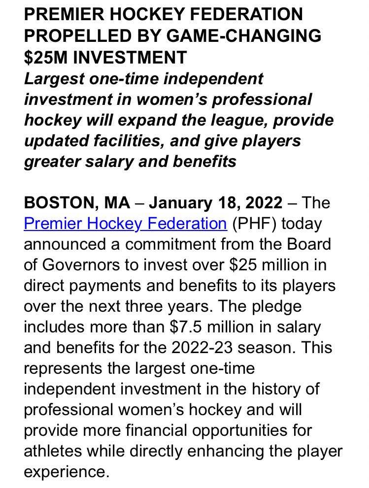 DRiceHockey's tweet photo. Humongous BIG #PHF news today: 

* more $ going to players, being invested in them. $25 million to be exact. Full healthcare. New equipment. Upgraded facilities. 

* expansion is coming for teams, salaries, and schedule https://t.co/wPhc53mhSR