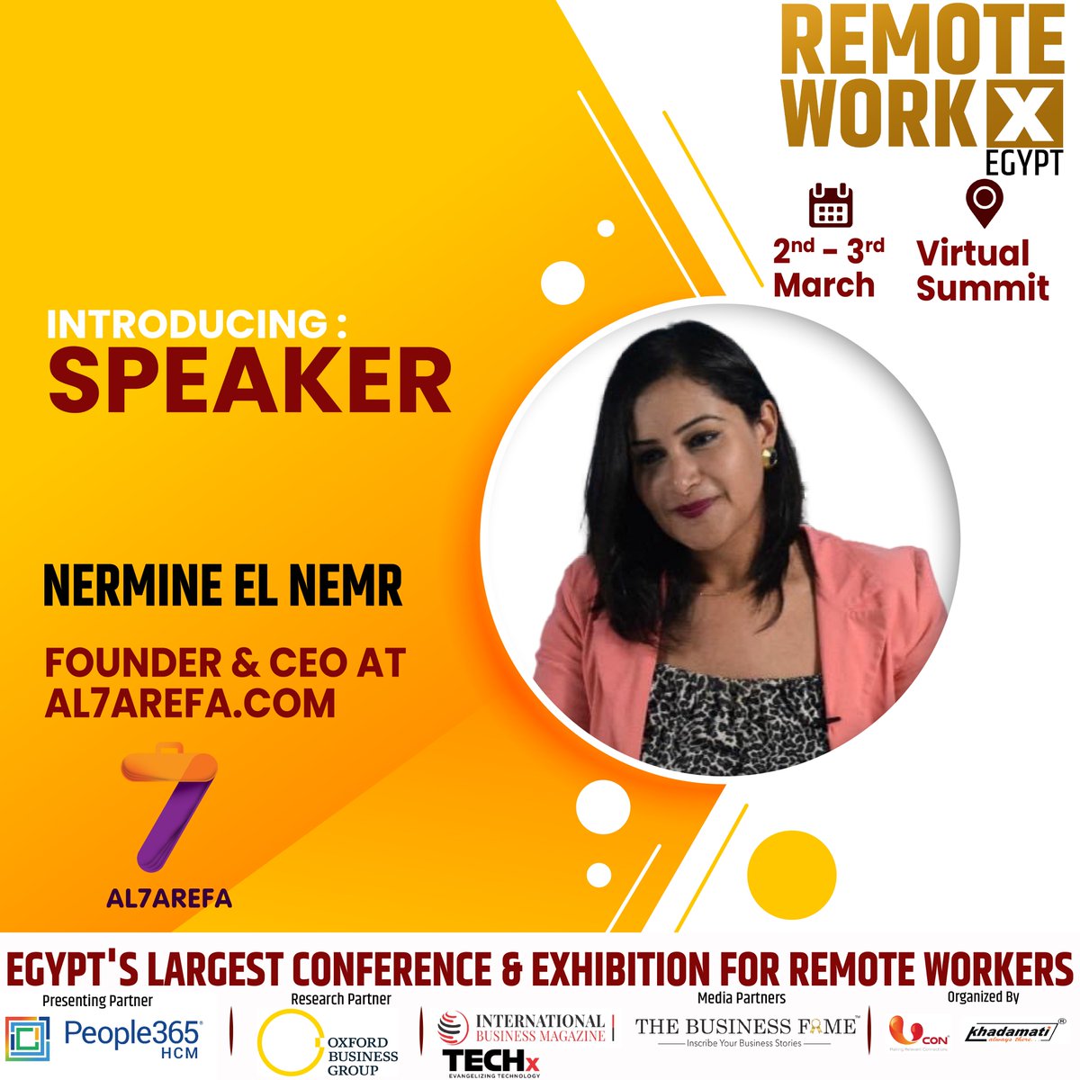 remote_workx's tweet photo. Ucon Media Concepts and People365 are happy to present Ms. Nermine El Nemr as a Speaker for our Virtual Conference and Exhibition "Remote Workx Egypt"!For Registrations: https://t.co/xkfwycpg6d #RemoteWorkx #wfh #Remoteprofile #remoteconnectivity #cybersecurity #HumanResources https://t.co/vHczsVkoZ1