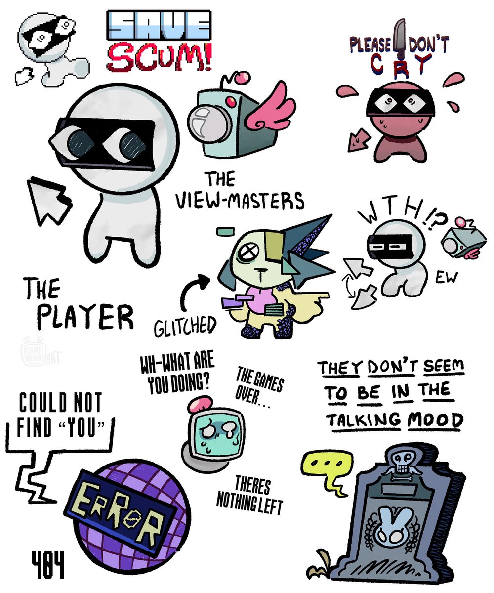 GamebearArt's tweet photo. The Player is your window into the game, hence the black bar with only the eyes shown. You see what they see. When no one is playing, The Player will sit ideally until interacted with.
~
Remastered a few pencil sketches I did a while ago :3 
#cursedgame #occomic https://t.co/hXGAeQKP0Q