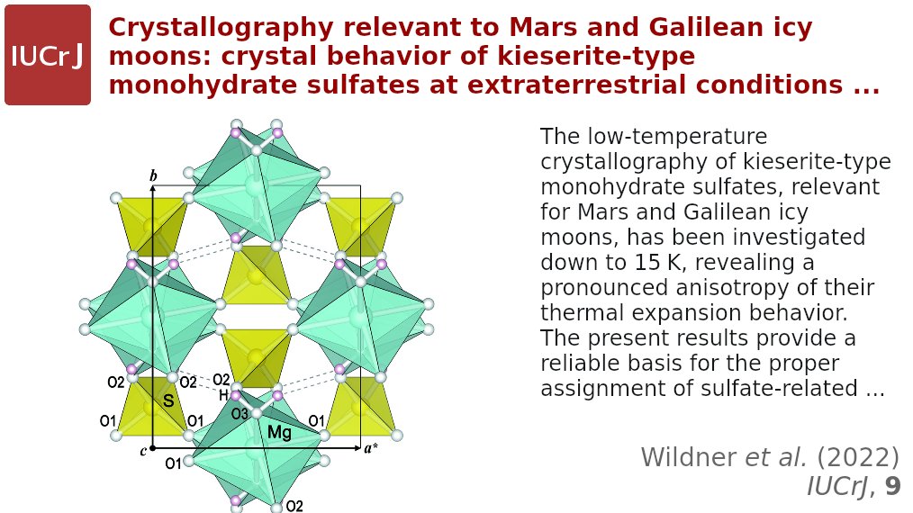 Crystallography relevant to Mars and Galilean icy moons <a href="/IUCrJ/">IUCrJ</a> doi.org/10.1107/S20522… <a href="/univienna/">Universität Wien</a> #Boreskov #Institute <a href="/NskUniversity/">НГУ</a> <a href="/BoldyrevaT/">Boldyreva_team</a> <a href="/FWF_at/">FWF</a> #monohydrate #sulfate #kieserite #Galilean #icymoon #Hecryojet <a href="/IUCr/">IUCr</a> #openaccess