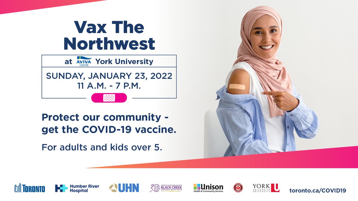 cityoftoronto's tweet photo. Toronto’s northwest: #TeamToronto is coming to you with #VaxTheNorthwest on Jan 23! Appts are now available for 1st, 2nd, 3rd and children’s #COVID19 vaccine doses at @YorkUniversity Aviva Centre, home of @TennisCanada. Appts: https://t.co/9Unc5FtjZu or call 1-833-943-3900 https://t.co/pPQSaQi09I