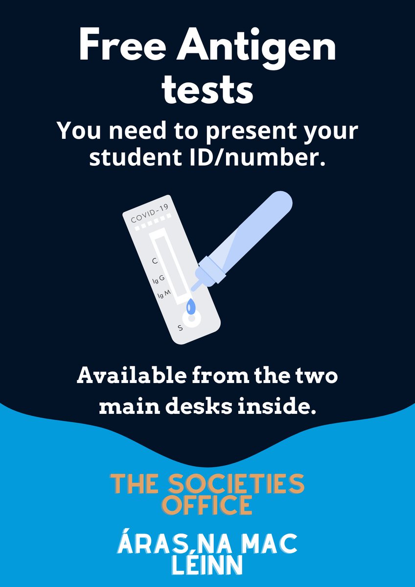 Free Antigen Test for all NUI Galway students. Come to main desk at the Societies Office & show your student ID to collect Antigen Test. 

#nuig #nuigalway #socsbox #NUIGWhatsOn