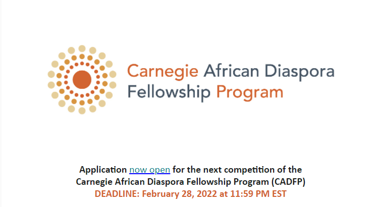 Application now open for the next competition of the Carnegie African Diaspora Fellowship Program (@CarnegieADF) DEADLINE: February 28, 2022 Selected fellows receive a $150/day stipend, visa costs, limited health insurance etc. Apply here: onlinesubmissionportal.com/adf #Africa