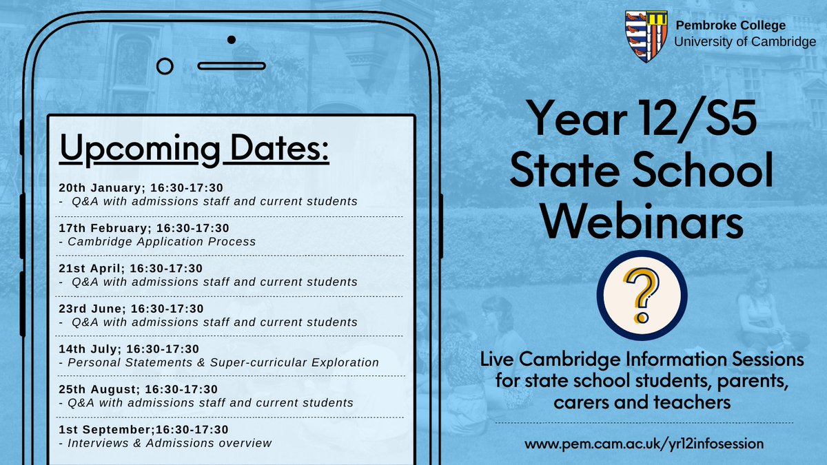 PemCamOutreach's tweet photo. Are you in Year 12/S5 at a UK state school and want to find out more about Cambridge University?🎓

Confused by the College system or want to find out what we're looking for in applications?💭

Join us for our next webinar on 20th January at 16:30!🖱️

https://t.co/qSw0GUlxyK https://t.co/x130oqfpOF