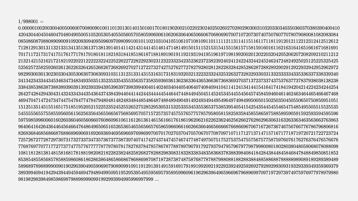 fermatslibrary's tweet image. 1/998001 has all 3-digit numbers from 000 to 999 in order, except for 998