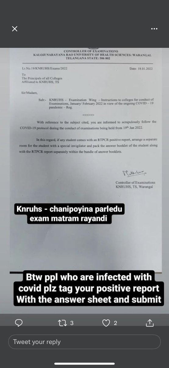 saklaiin_mohd's tweet photo. How Will students write exm when they test positive?🌝 When tested +ve, they can bearly sit for 10 min how will they sit from 10:00 AM to 1:00 PM. No idea why health is not taken as a priority but exams are at top list of KNRUHS.
#postponetsbdsexams https://t.co/CdPXXOip5Q