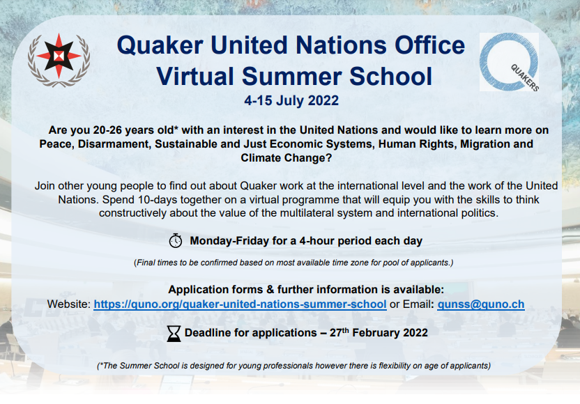 QuakerUNOffice's tweet photo. Are you a young professional interested in the work of the UN #Peace, Just Economic Systems, #HumanRights, #Migration and
#ClimateChange?
Then check out our virtual Summer School happening from July 4th to July 15th! The application is open now🇺🇳📚:https://t.co/TJsJtrbHaA https://t.co/2njH9vQpi2