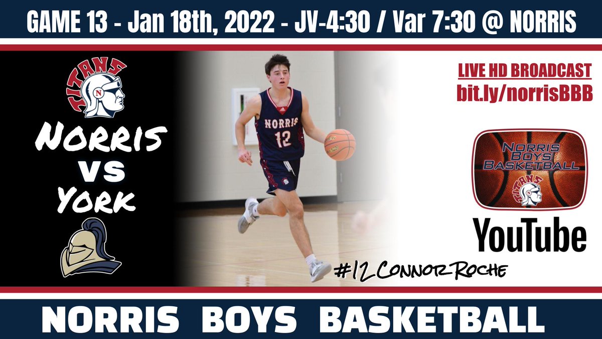 After two weeks away, we're back at home!

York pays a visit to the Titan Dome!

Broadcast Link: bit.ly/norrisBBB

Mr. Roche and crew hope to see you tonight on the Norris Campus!

#TitanHoops #TitanUp #MadeForMarch ⚔️🏀