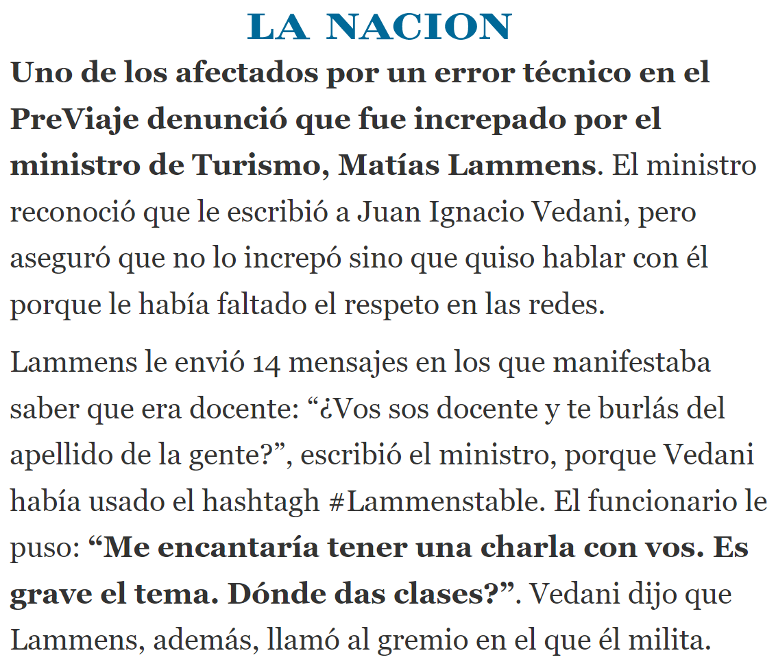#Lammenstable:
Por mensajes de Matías Lammens a un afectado por un error en el programa PreViaje