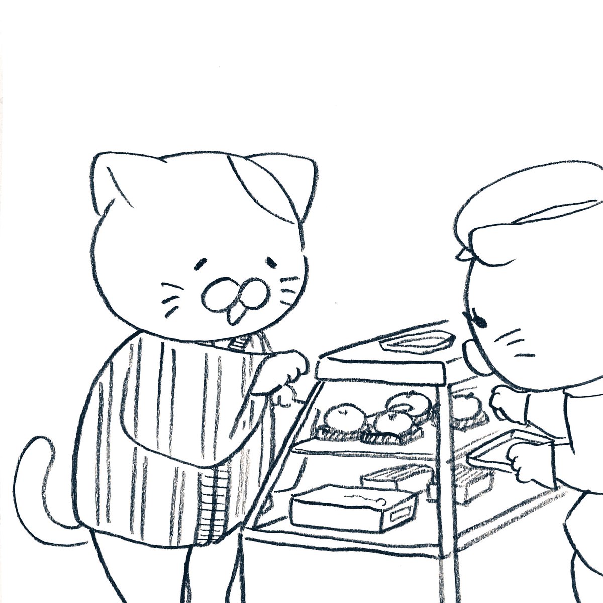 買った皿に乗せる和菓子を買うネコ 