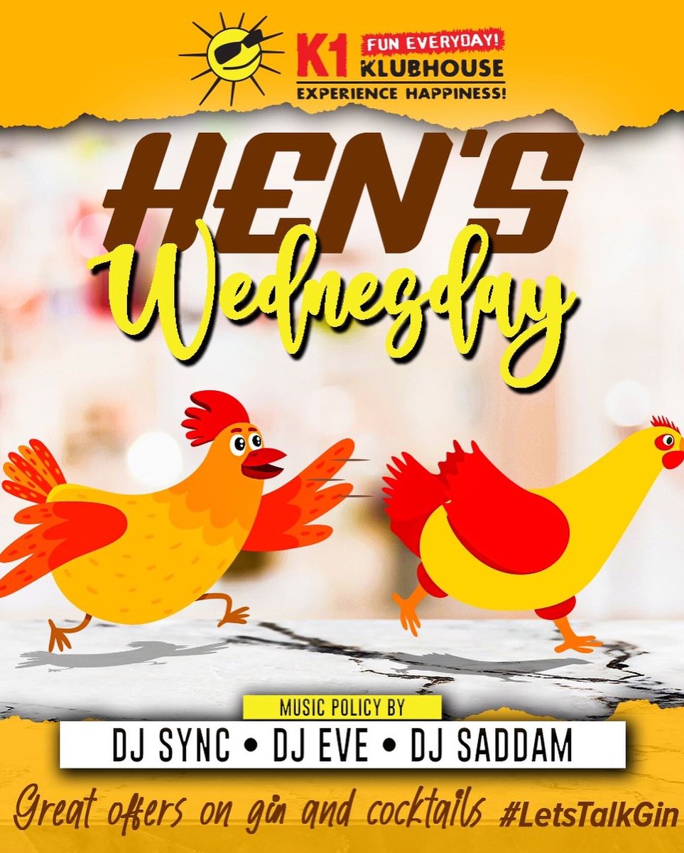 Hen’s Wednesday tomorrow!😍
Happy hour on Gin Cocktails all day until 7PM &amp; so much more!🎉🎉

<a href="/DEEJAY_SYNC_254/">deejaysynckenya</a> <a href="/Mwangi_saddam/">Peter Saddam Mwangi</a> 

#funeveryday⁠
#experiencehappiness⁠
#henswednesday⁠
#gincocktails⁠
#happyhour