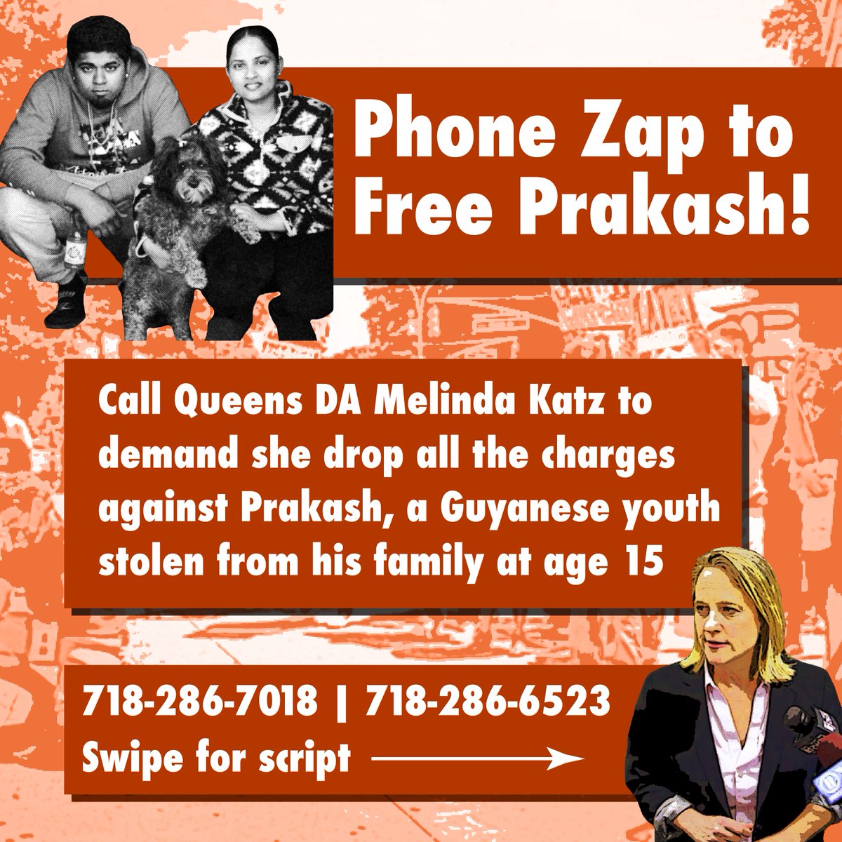 Today all over NYC, people are calling on @QueensDAKatz to #DropTheCharges against Prakash, a Guyanese youth taken from his family and jailed at the age of 15. @MelindaKatz, will you do the right thing and show us that you care for our children and communities? #FreePrakash