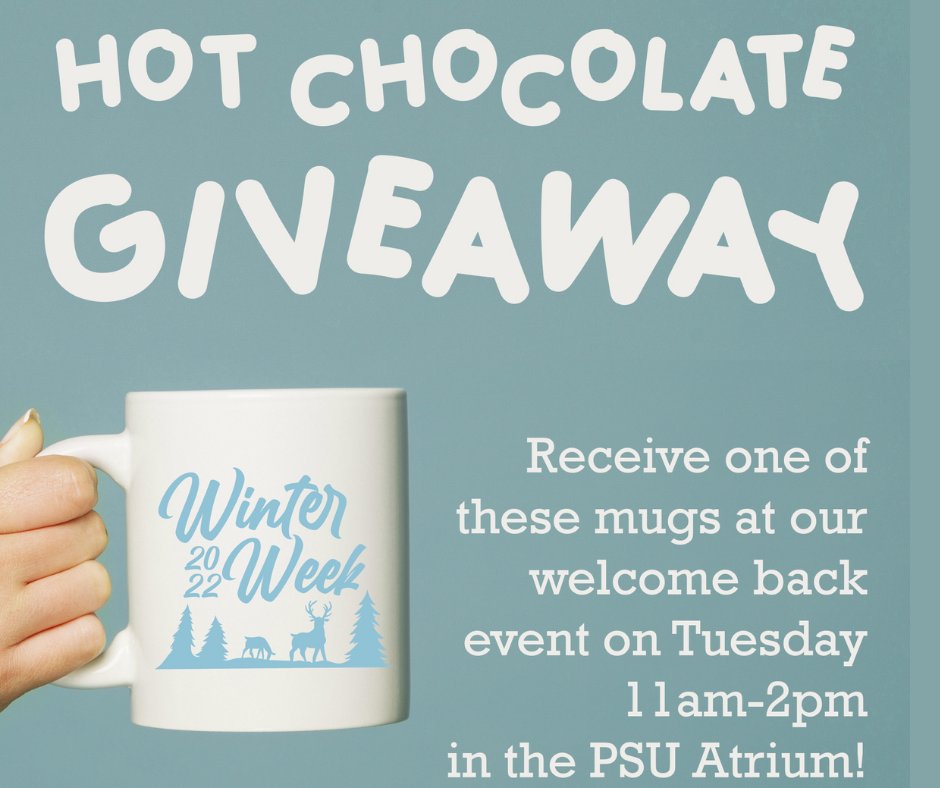 Those who stop by our Hot Chocolate Giveaway today will receive one of these custom Winter Week mugs! Other giveaways may include a beanie, magnet, and button!