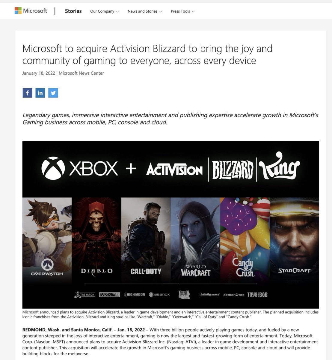 benwood's tweet photo. BOOM! Huge @Microsoft deal at it buys Activision Blizzard Inc. for $68.7 billion! Microsoft becomes the world’s third-largest gaming company by revenue, behind Tencent and Sony. Huge assets in terms of IP for key game franchises. Bold bet by @SatyaNadella and team. https://t.co/LKLN44Z59i