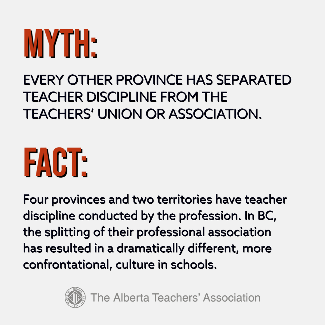 albertateachers's tweet photo. ⏰ It's time to bust some more myths about the ATA's teacher discipline process.

The gov't attack on teachers' professional association is an attempt to weaken the profession. Plain &amp; simple. 

Help push back &amp; stand up for public education: https://t.co/H9no8v2ZtM #abed #ableg https://t.co/8rhfEhXPTl