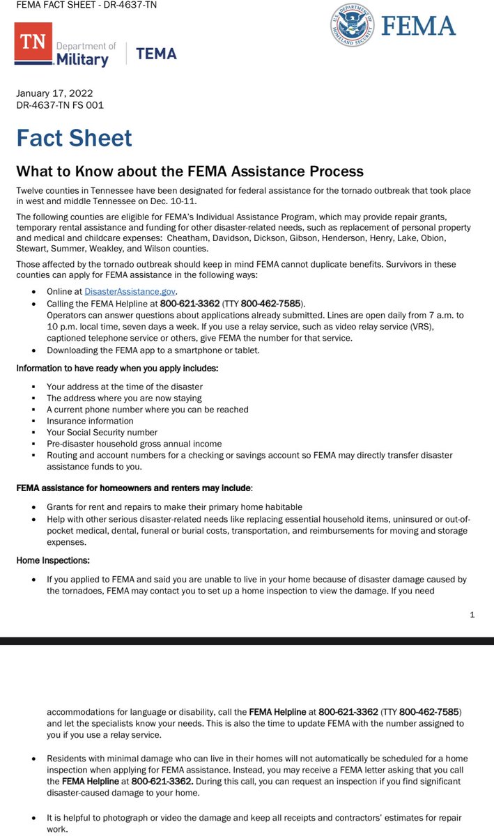 December tornado survivors from Cheatham, Davidson, and Dickson counties can now apply for FEMA assistance online at DisasterAssistance.gov or by calling the Helpline at 800-621-3362 (TTY 800-462-7585).

Phone lines are open daily from 7am-10pm local time, 7 days a week.