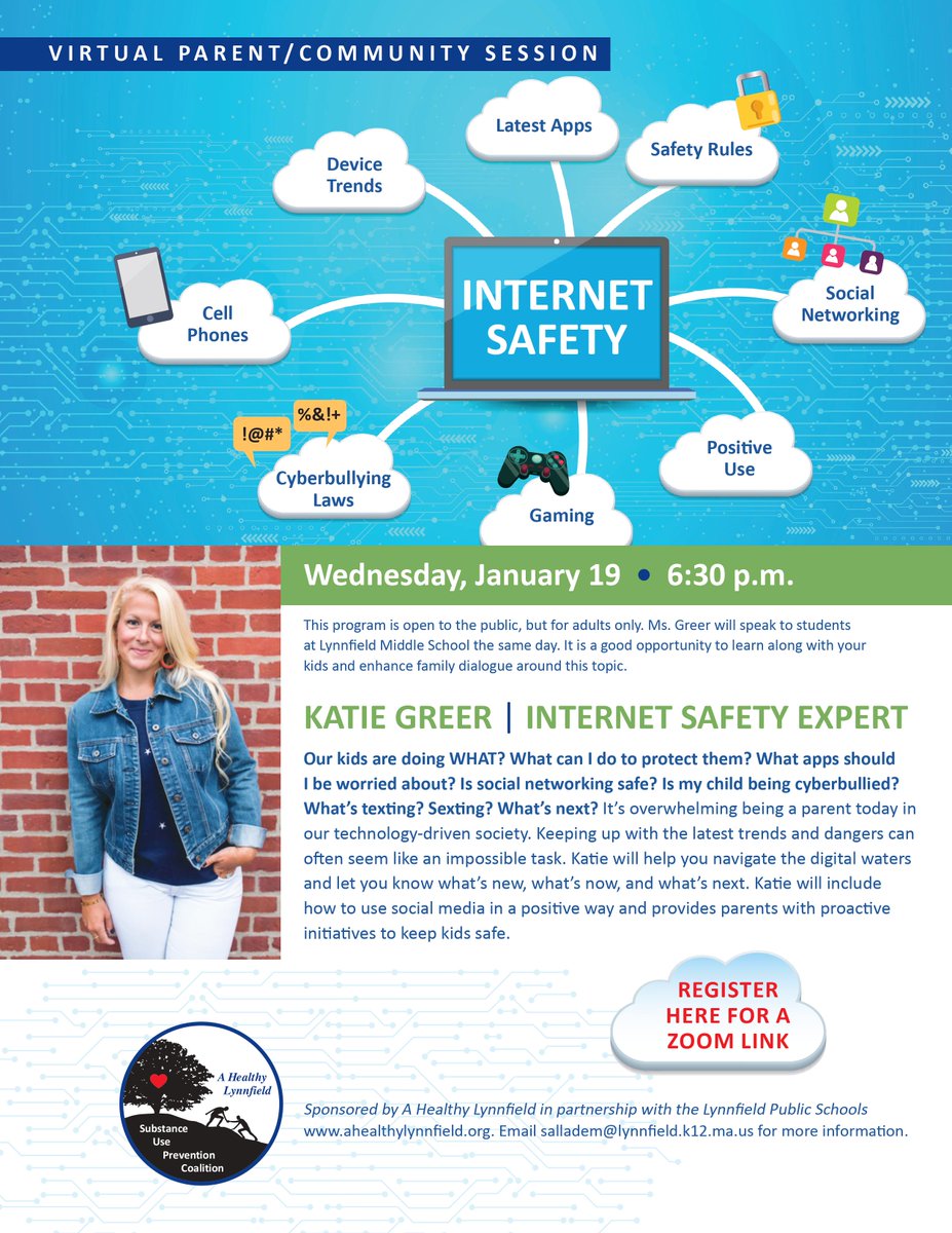 AHLynnfield's tweet photo. Parents and adult community members! Still time to register for a virtual presentation with Katie Greer on Internet Safety tomorrow at 6:30pm! Katie will be covering topics to help us keep our kids safe on the internet. To Register: https://t.co/gN3NJR16N0 https://t.co/WzYaWQ4lTK