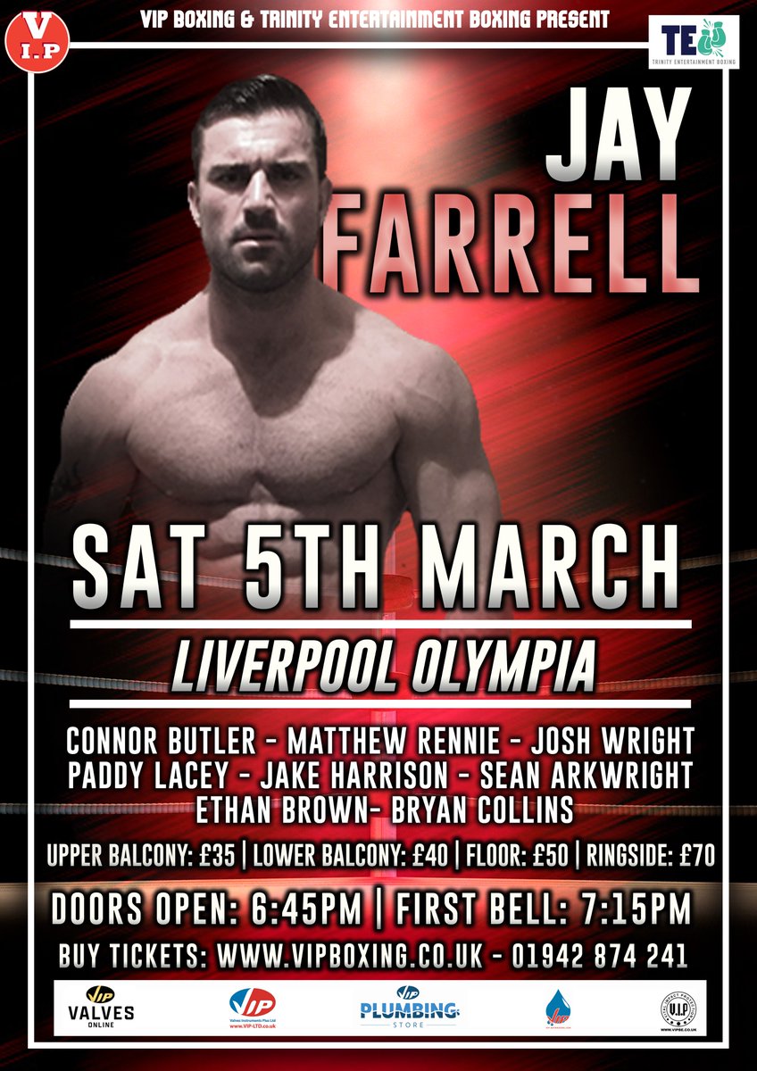 <a href="/boxer_farrell/">Jay Farrell</a> has been added to the card to support <a href="/JoeKavanagh96/">Joe Kavanagh</a> VS <a href="/mikeyhedges97/">Michael Hedges</a> at Liverpool Olympia - Sat 5th March🥊💥

#boxing #boxingevent #boxingshow #professionalboxing