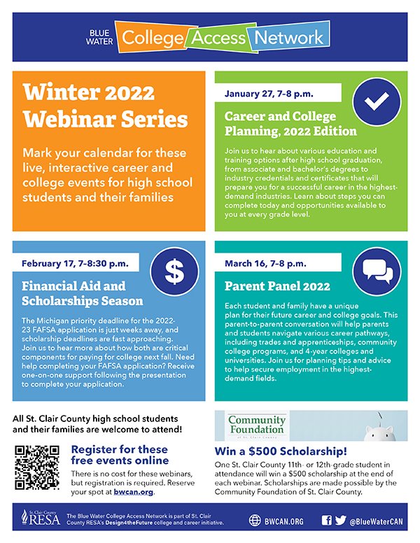 BlueWaterCAN's tweet photo. Our live virtual events continue Thursday, January 27 at 7 p.m. with Career &amp; College Planning, 2022 Edition. 
This event is free and open to all high school students and families, but registration is required at: https://t.co/6n9ZqgDNlR https://t.co/XDTuHmBqU3