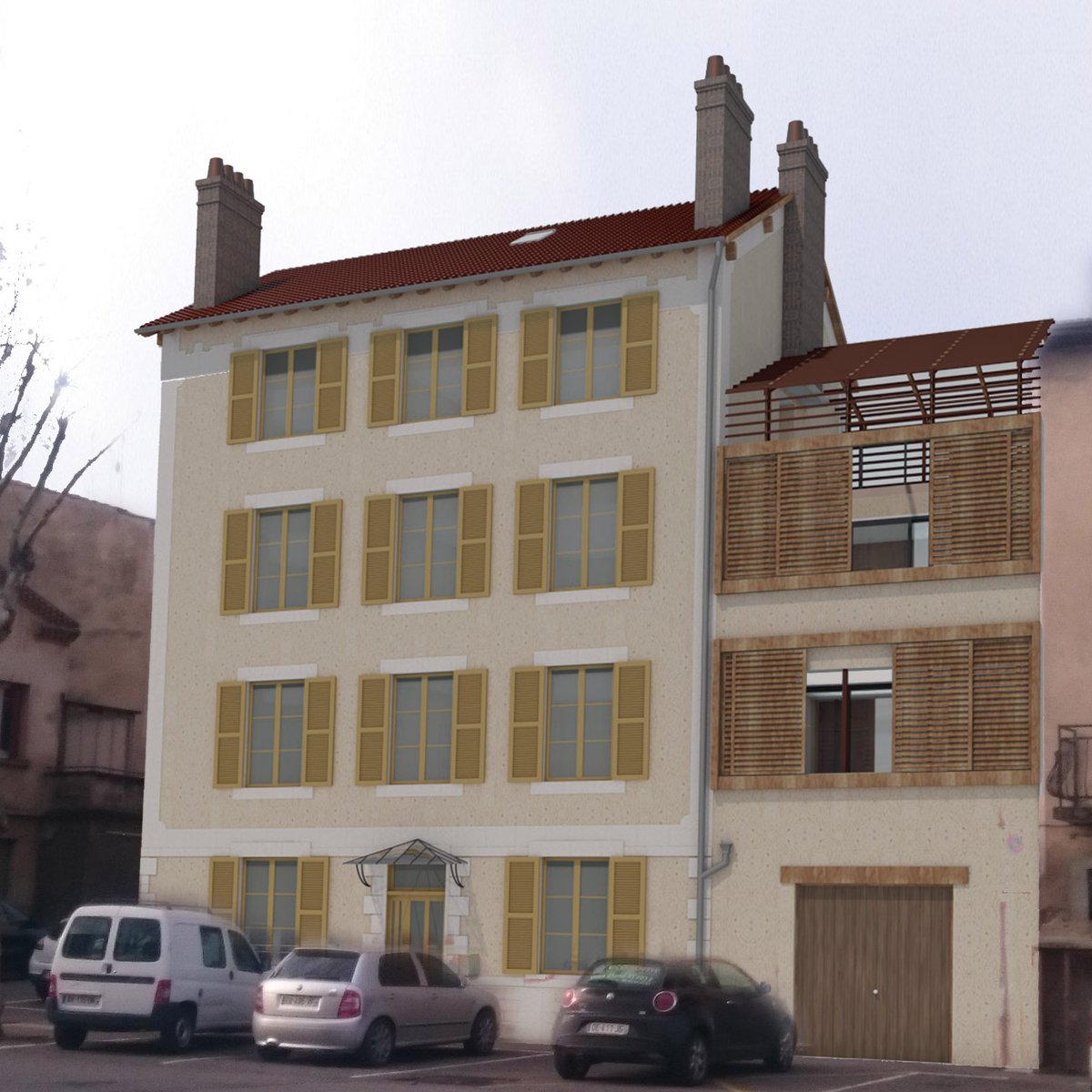 Ophis63's tweet photo. [TRANSFORMATION DU PATRIMOINE EXISTANT] A Courpière, un ancien bâtiment aménagé en 4 #logements locatifs avec la création d’une extension pour accueillir des loggias: une opération qui contribue à revitaliser le centre-bourg.(architectes LDBS)  @MaltraitAnneM63 https://t.co/JQUVPYqOQr