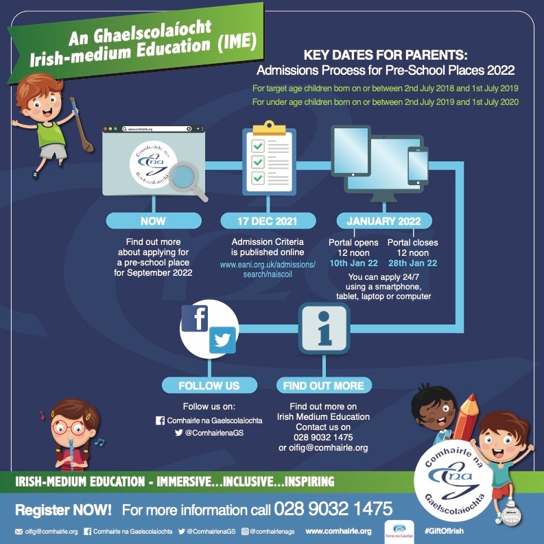 ComhairlenaGS's tweet photo. ❤️🧡💛💙

With just 10 days left of the current window for Sep 2022 Nursery &amp; Primary Applications, now is the time to enrol your child in the nearest IME school. 

Give them a head start in life with 2 languages, increased brain development &amp; a world of options at the other end! https://t.co/y9A8A5gMNz