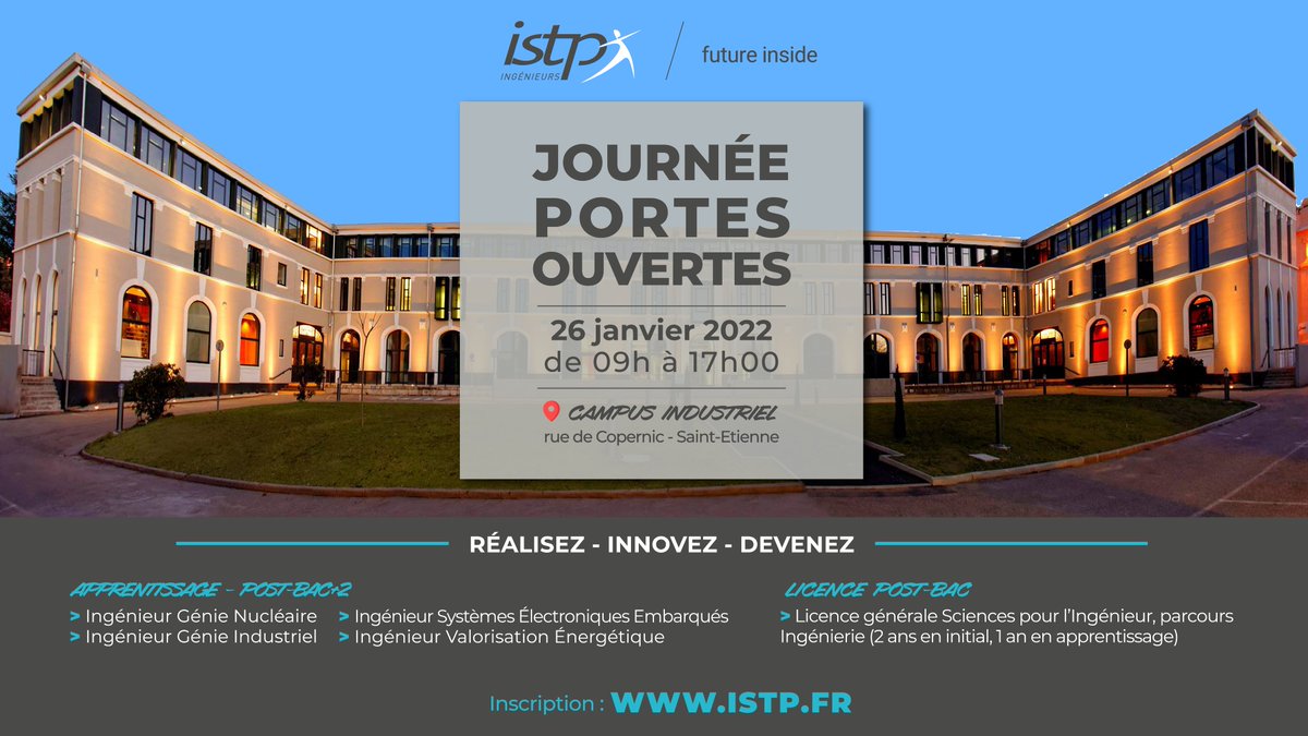🚪 [#𝗣𝗼𝗿𝘁𝗲𝘀𝗢𝘂𝘃𝗲𝗿𝘁𝗲𝘀] Mercredi 26 janvier, <a href="/OfficielIstp/">ISTP OFFICIEL</a> 
 vous accueille sur #RDV pour sa Journée Portes Ouvertes !

📍 Campus Industriel, rue Copernic - Saint Etienne
📅 26 janvier 2022
🕑 9h - 17h
💻 Inscription sur RDV : istp.fr/actualites/jou…
