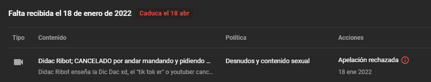 DalasReview's tweet photo. YOUTUBE DEFIENDE PEDÓFILOS

Tal cual me acaban de RECHAZAR LA APELACIÓN cuando el único contenido que sale es DEL OTRO YOUTUBER (Didac Ribot)

Me strikean por EXPONER los actos pedófilos DEL OTRO YOUTUBER.
Mencionadlos y QUE SE SEPA @teamyoutube @YTCreadores @YouTubeEspanol 
RT🔁 https://t.co/iOEU4cYS5f