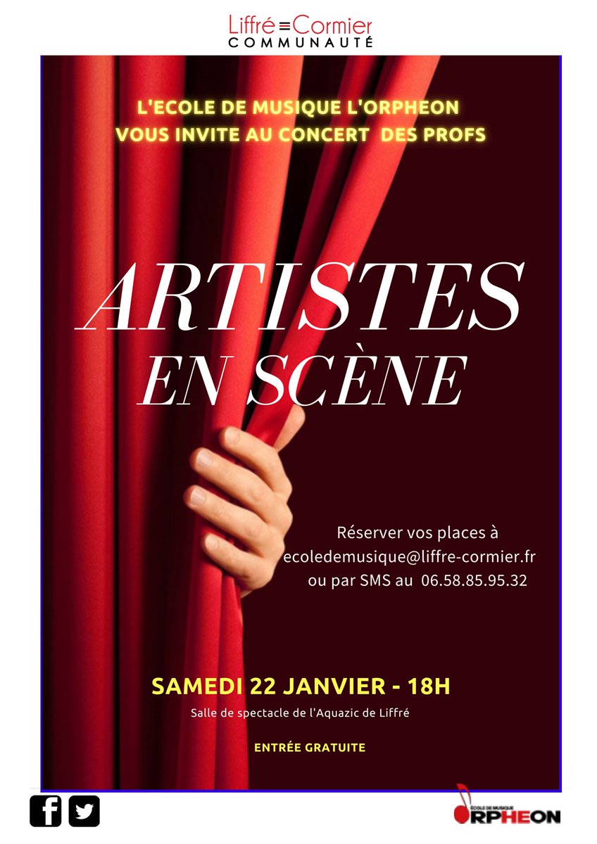 [Culture] L'Orphéon vous invitent au concert "Artistes en scène"
➡le 22 janvier à 18h
➡Salle de spectacle de l'Aquazic (ancien centre culturel) à Liffré
Réservations recommandées à ecoledemusique@liffre-cormier.fr ou au 06 58 85 95 32