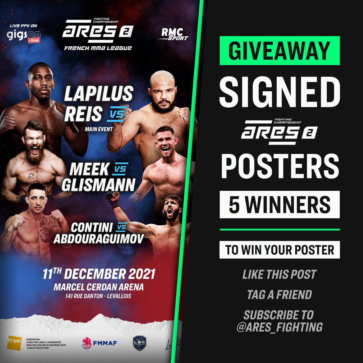 ares_fighting's tweet photo. 📣 GIVEAWAY
This is the opportunity for 5️⃣ of you to win a poster of #ARES2 signed by all the fighters of the event. 🔥
➡️ Winners will be drawn at random next Monday. 😁 https://t.co/duMTfhEam1