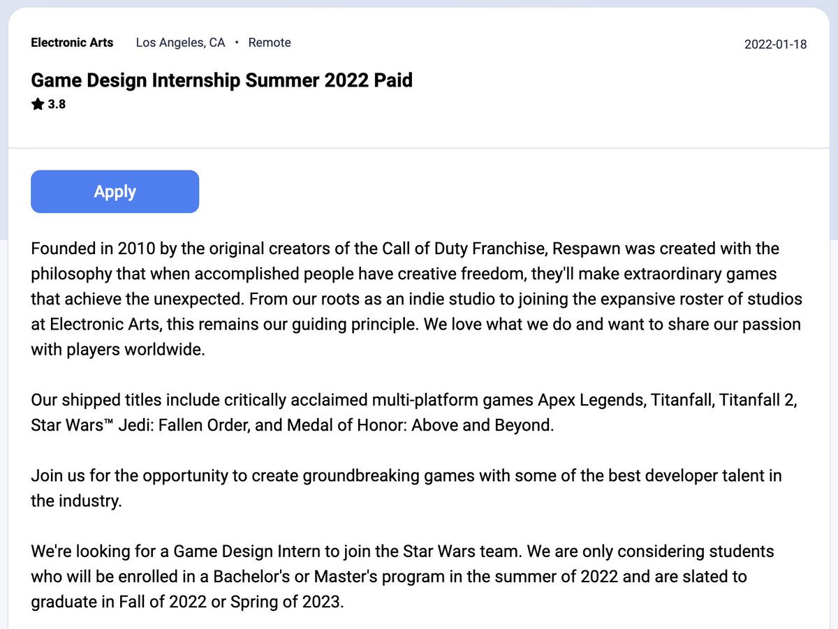 dayrows's tweet image. Game Design Internship Summer 2022 Paid | Electronic Arts
dayrows.com/vacancy/4666

#dayrows #remotejobs #remoteinternship #gamedesigninternship #designinternship