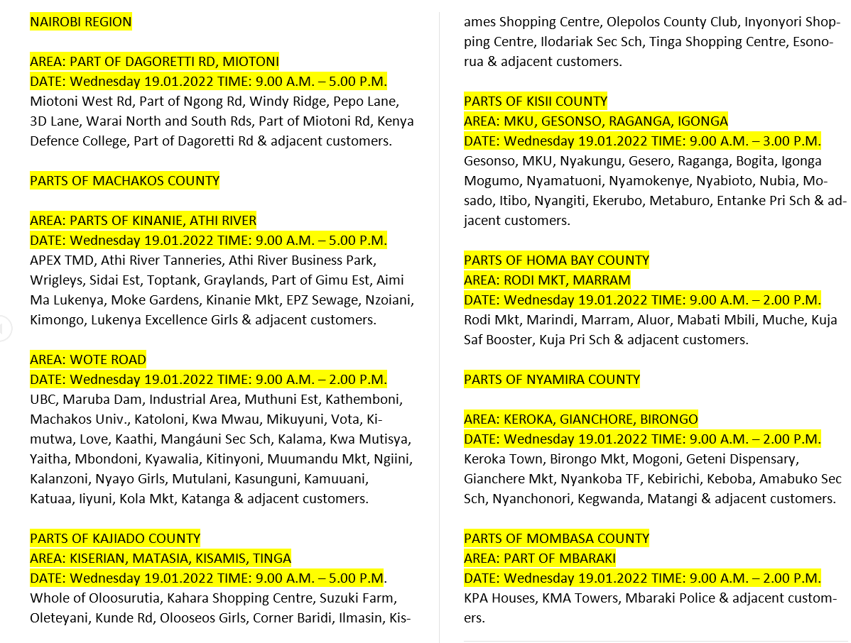 KenyaPower_Care's tweet photo. Good evening, the following areas will be scheduled for maintenance tomorrow 19.01.2022. ^CK https://t.co/HiaIrrWa0h