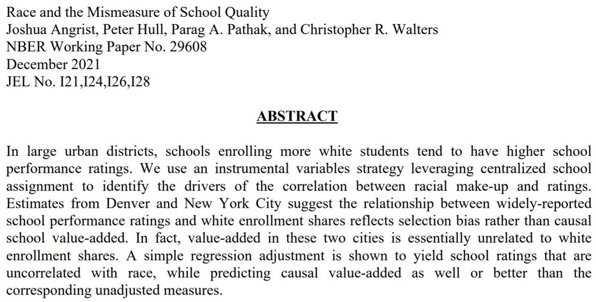 Peter Hull (@instrumenthull) on Twitter photo New working paper w/<a href="/metrics52/">Josh Angrist</a>, <a href="/prof_parag/">Parag Pathak</a>, & <a href="/c_r_walt/">Christopher Walters</a>: "Race and the Mismeasure of School Quality"
dropbox.com/s/ba8ziznpeo72ā¦
We use IV + centralized assignment data to study the relationship between school value-added, student race, and school performance ratings
A short š§µ: New working paper w/<a href="/metrics52/">Josh Angrist</a>, <a href="/prof_parag/">Parag Pathak</a>, & <a href="/c_r_walt/">Christopher Walters</a>: "Race and the Mismeasure of School Quality"
dropbox.com/s/ba8ziznpeo72ā¦
We use IV + centralized assignment data to study the relationship between school value-added, student race, and school performance ratings
A short š§µ: