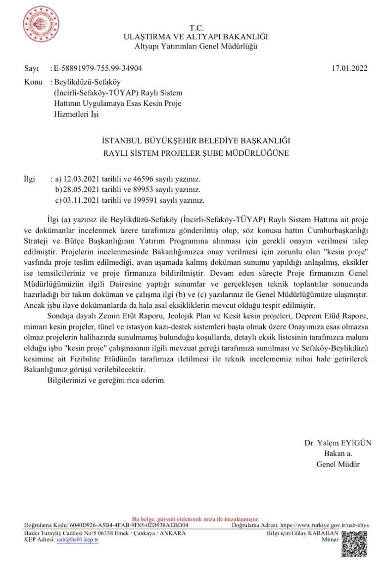 Değerli İBB;
“Onaylamıyorlar” dediğiniz Beylikdüzü-Sefaköy Metrosu için yapmanız gerekenler:

-Sondaja Dayalı Zemin Etüt Raporu
-Jeolojik Plan ve Kesit Kesin Projeleri
-Deprem Etüt Raporu
-Mimari Kesin Projeler
-Kazı-Destek Sistemleri ve Diğer Teknik Projelerin Hazırlanması