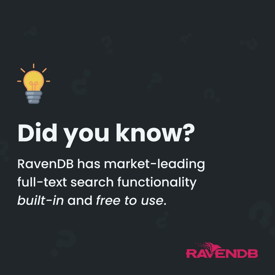 RavenDB's tweet photo. #FullTextSearch is built into your database so you don’t have to use a third party to add the feature. Even better, an organic replacement for the #Lucene engine is in the works and expected to boost an already fast performance by 500%.
#SearchEngine #DatabaseSearch  #DataSearch https://t.co/V06juLd1x3