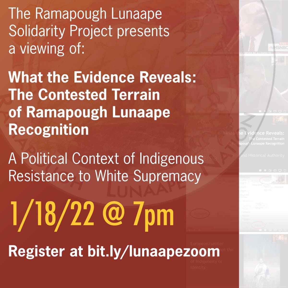 Today at 7:00 Ramapough Lunaape Solidarity - Project Political Education Event 
Viewing of: What the Evidence Reveals: The Contested Terrain of Ramapough Lunaape Recognition

us06web.zoom.us/meeting/regist…