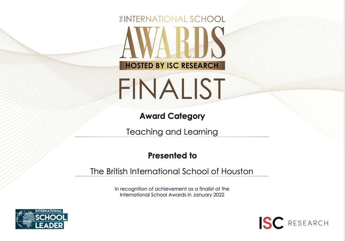 BISHouston's tweet image. Feeling proud to be recognized as a finalist for the Teaching & Learning Catergory at International School Awards 2022!
Congratulations to our sister school @NASDubaiSchool
for winning the Innovation & Creativity in Learning Award from @ISC_Research at this year's #ISAwards2022!