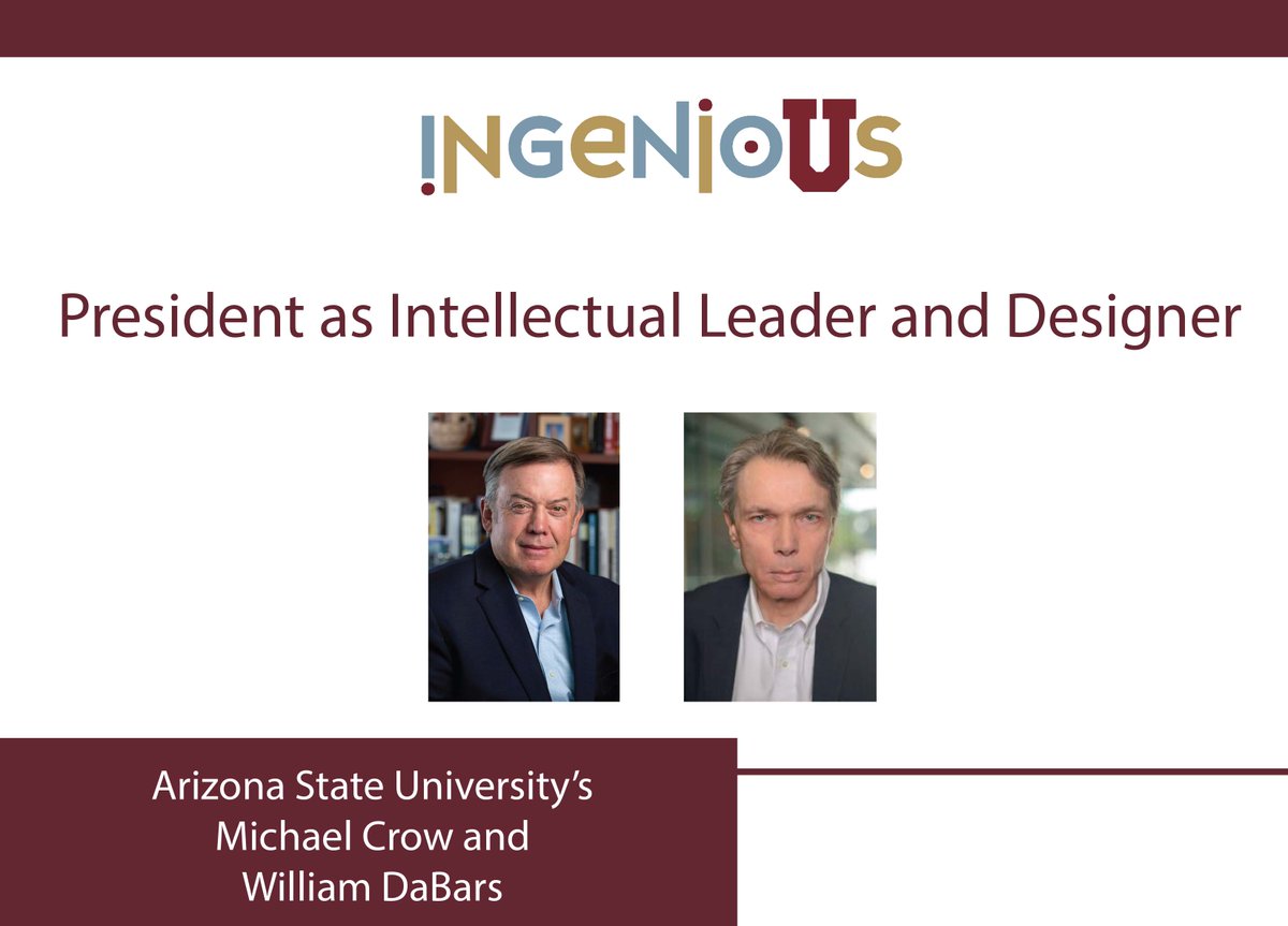 MMorrissOlson's tweet photo. Check out our latest IngenioUs conversation with @ASU's @michaelcrow and @wmdabars to hear Crow's thoughts about leadership and what new innovations he is particularly excited about.     https://t.co/IufgrAuhG9 https://t.co/FmfFgTPXvo