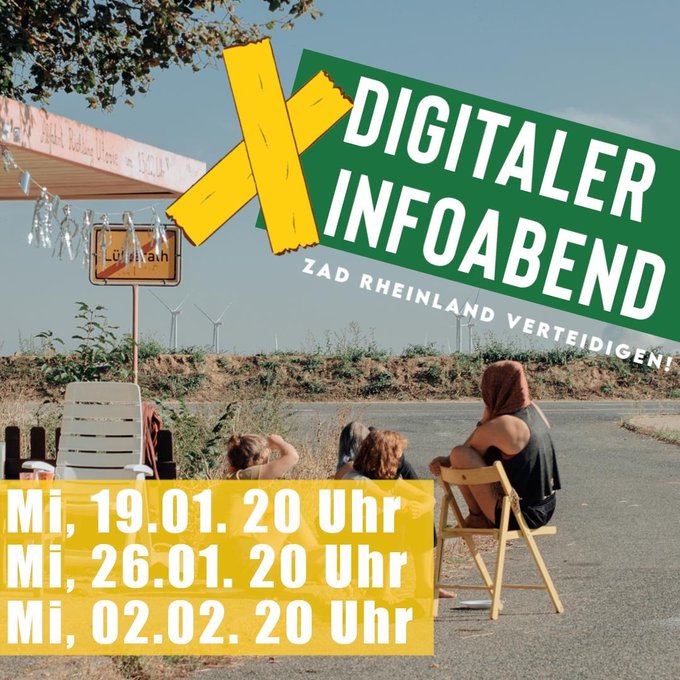 Sharepic auf dem Digitaler Infoabend Zad Rheinland verteidigen! steht, so wie die Termine: Mi, 19.01. 20:00, Mi, 26.01.20:00, Mi, 02.02. 20:00