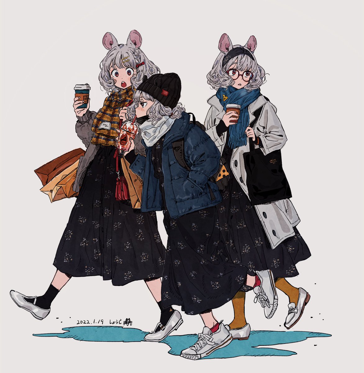 animal ears scarf multiple girls 3girls bag mouse ears grey hair  illustration images