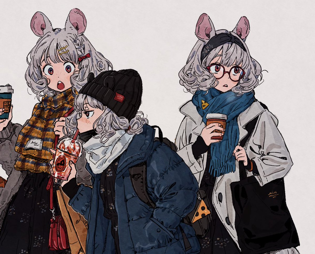 animal ears scarf multiple girls 3girls bag mouse ears grey hair  illustration images
