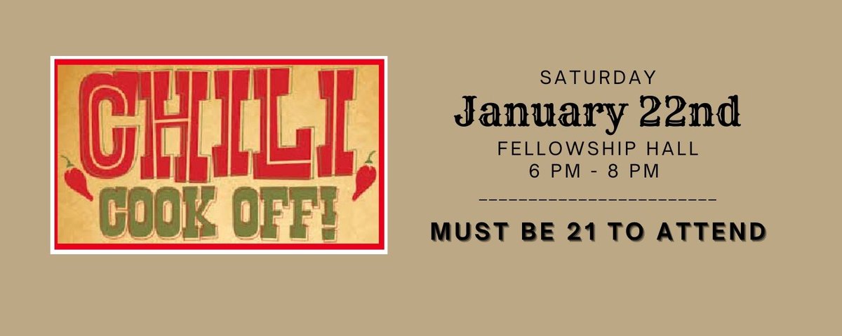 AdventChurch1's tweet image. Chili Cook Off - Saturday, January 22nd @ 6pm
See you there!