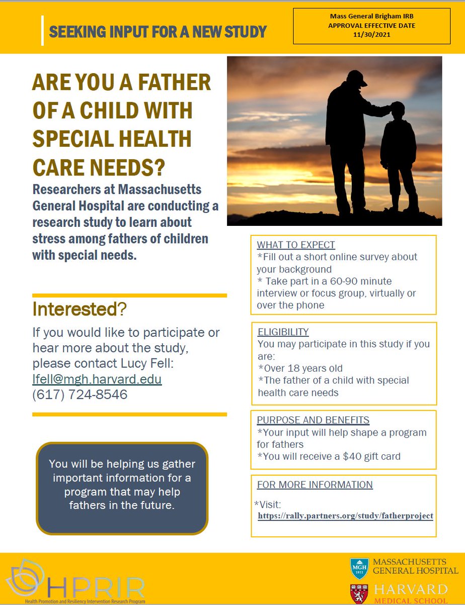 cwalshcenter's tweet photo. New study from MGH, the researchers seek to recruit a diverse sample of fathers of children with special needs to participate in a study about a stress management and mindfulness intervention program for fathers. https://t.co/WzJLrnks23