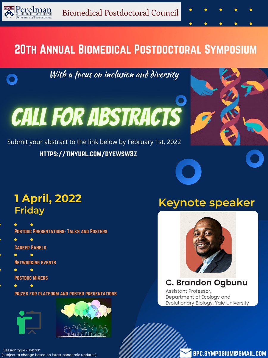 PennPPA's tweet photo. Hi, #PennPostdocs!
The much-awaited "20th Annual Biomedical Postdoctoral Symposium" is on 1st April 2022.
Do submit your abstracts to this link by Feb 1st '22-
https://t.co/RzEAeeSCXX
#BPC #bpcsymposium22 #pennmedicine #penndental #pennnursing #chop #wistarinstitute #monell https://t.co/3sRW0vT2bf