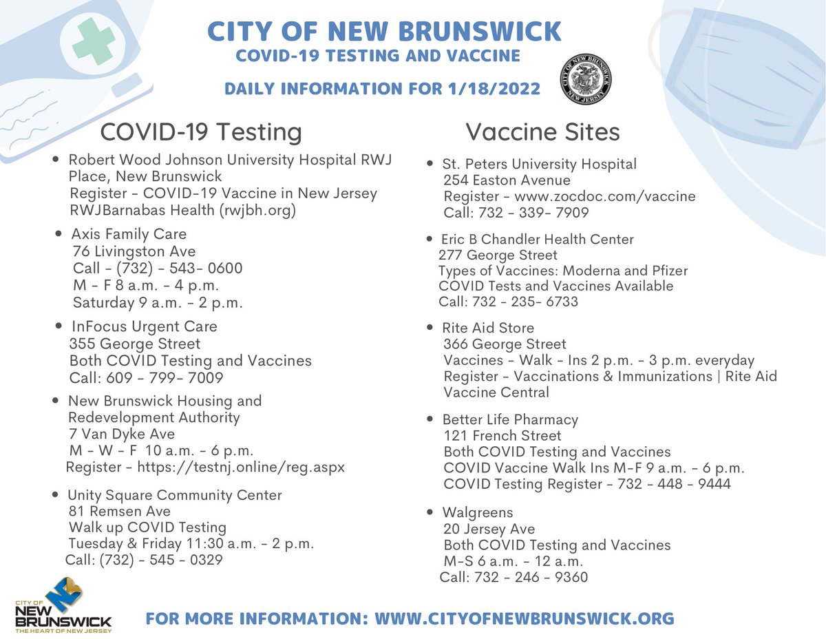 #COVID19 testing and vaccination information for 1/18 throughout the City of New Brunswick. 

Unity Square has been added for today. Free walk up testing from 11:30am - 2:00pm. 

Daily updates and information can be found on the city’s website. cityofnewbrunswick.org